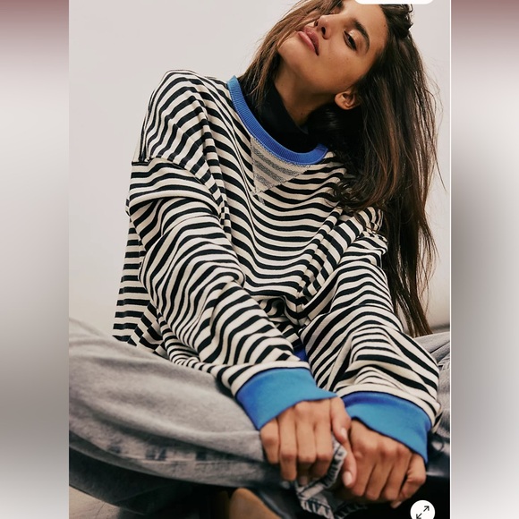 NWOT We The Free Classic Striped Oversized Crewneck Sweatshirt/ Black Combo - Picture 1 of 12